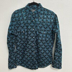Cowgirl Hardware Western Shirt Sz XL Paisley Horseshoe Print Sequins 100% Cotton